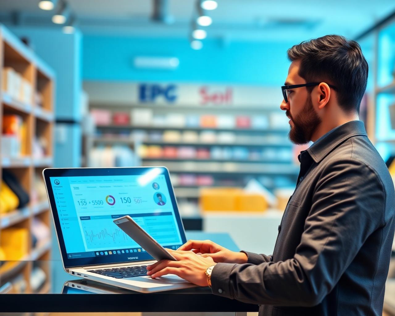 Empresário gerenciando loja com MinCLOUD Web
